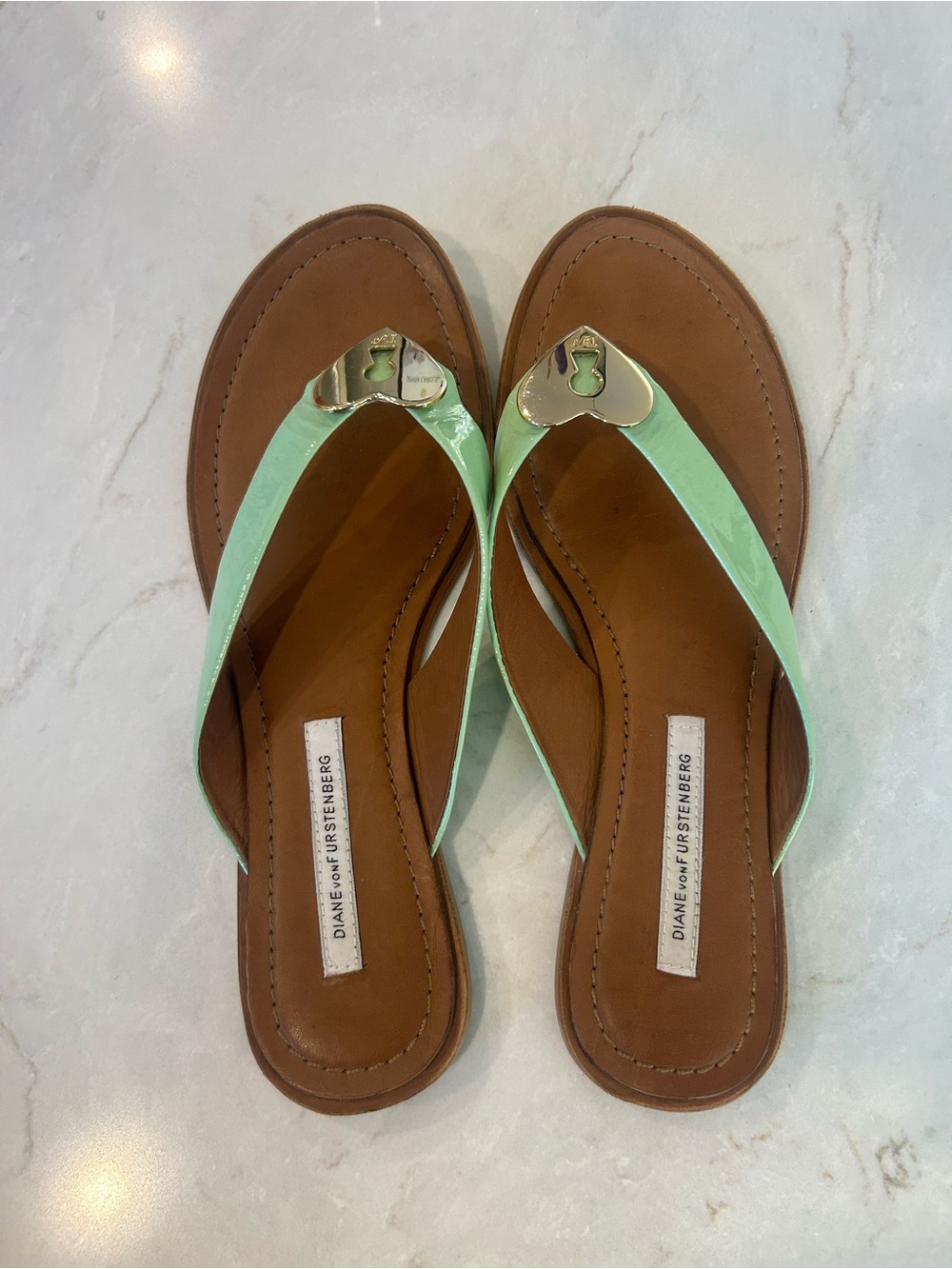 Diane Von Furstenberg Mint Patent Leather Thong Sandals with Heart Accent - Picture 7 of 10